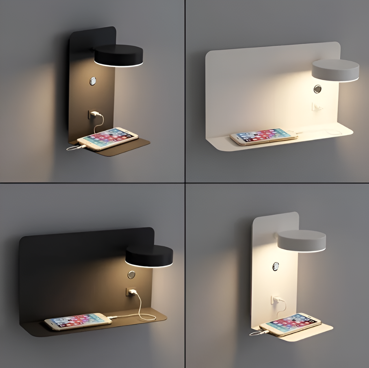 LumaShelf | Wandleuchte – Dimmbares Nachlicht mit USB-Ablage
